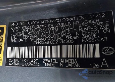 2013 Lexus Ct 200H z USA, uszkodzony, nr VIN JTHKD5BH0D2134206